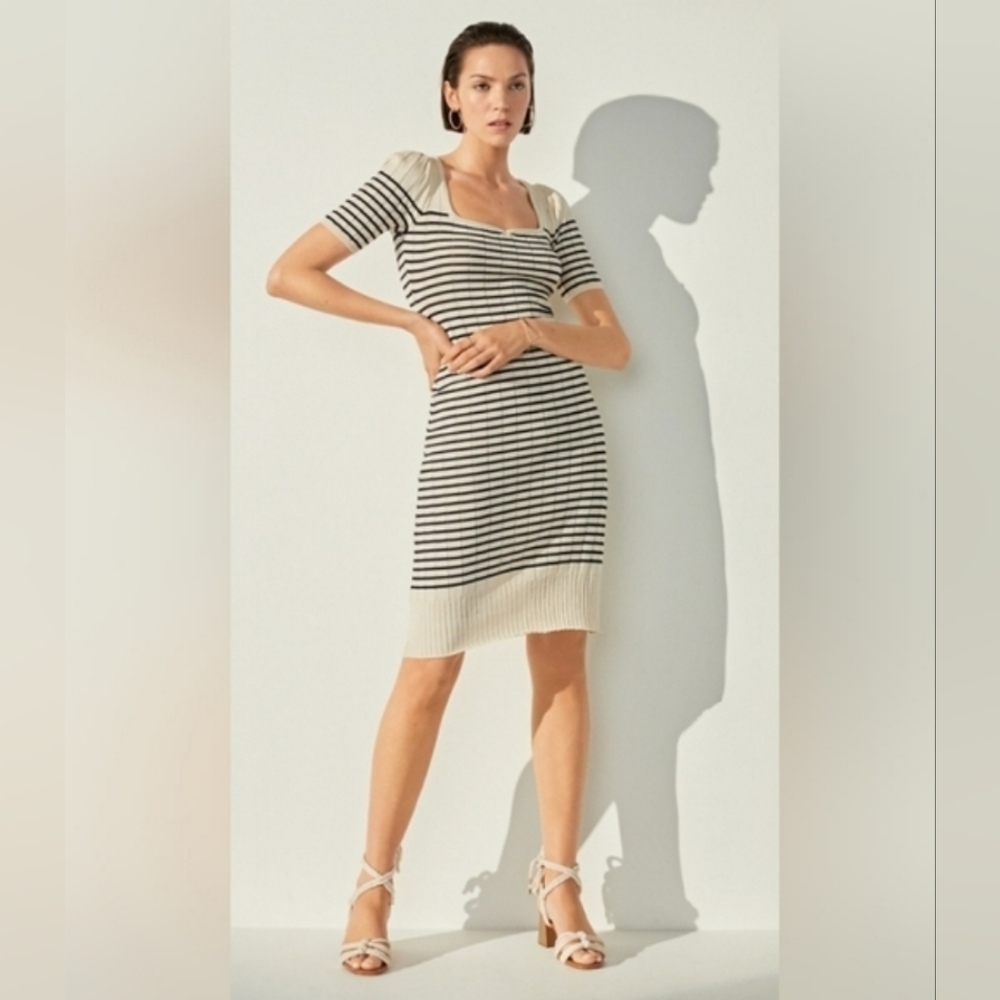 JustFab, Small, White Dress with Navy Stripes